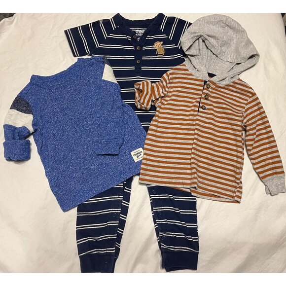 Child Of Mine By Carters 12M Navy Striped Romper + OshKosh Blue Sweater + Stripe - Picture 1 of 11